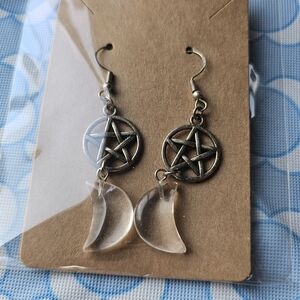 Pentagram Moon Dangle Earrings - Clear and Silver